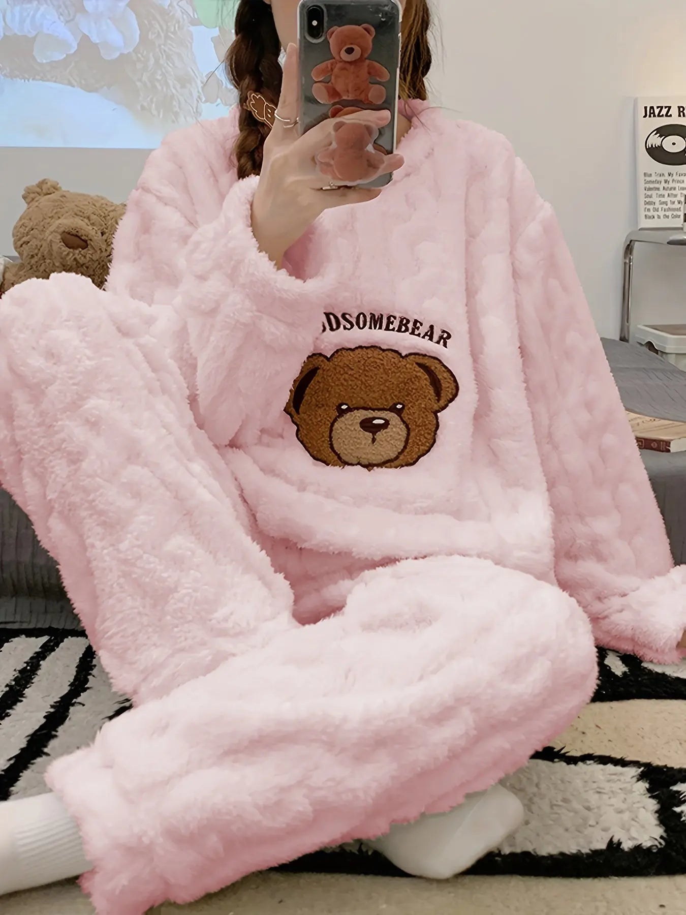 Fleece Pajama Set with Bear Embroidery for Women