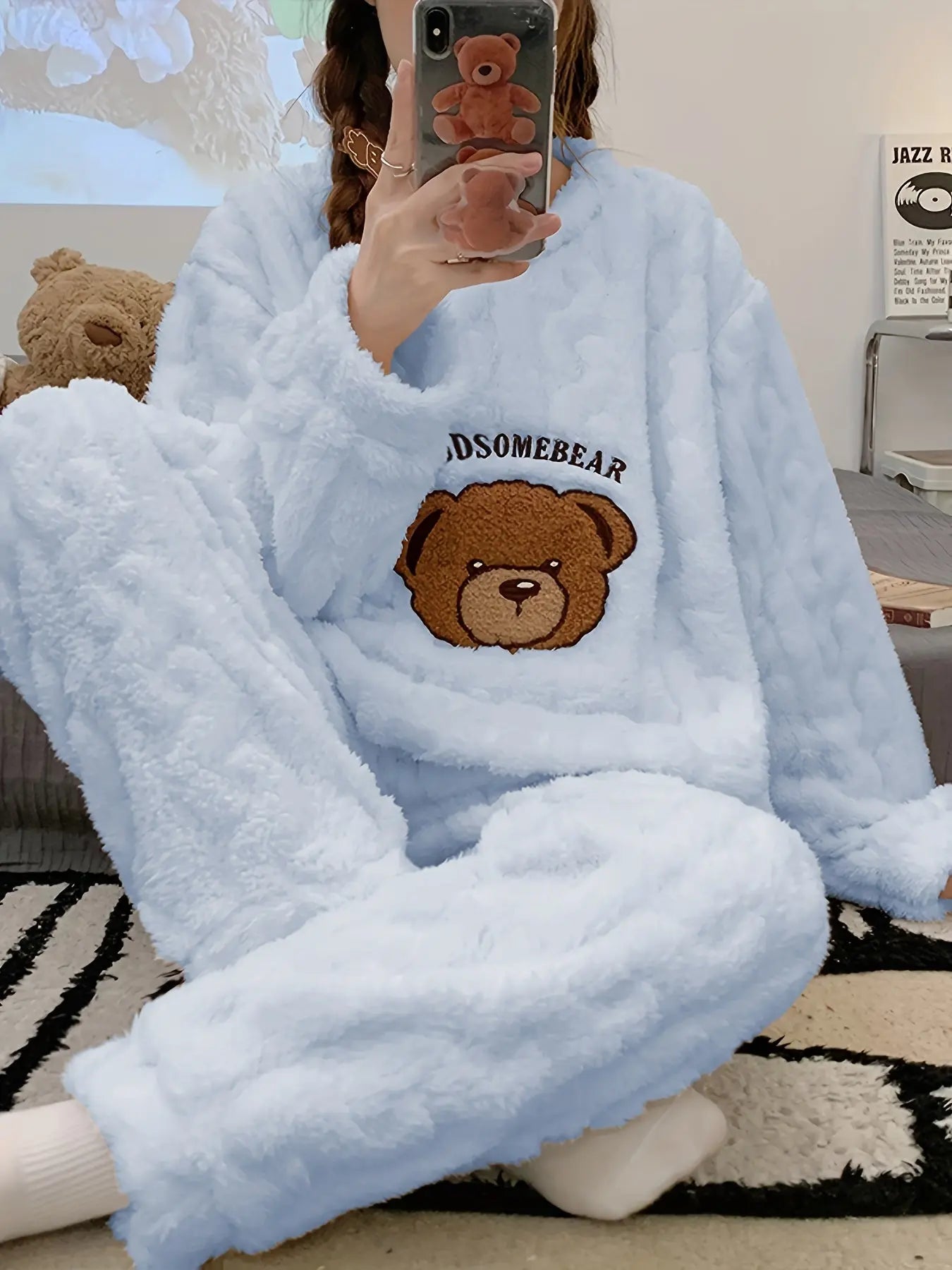 Fleece Pajama Set with Bear Embroidery for Women