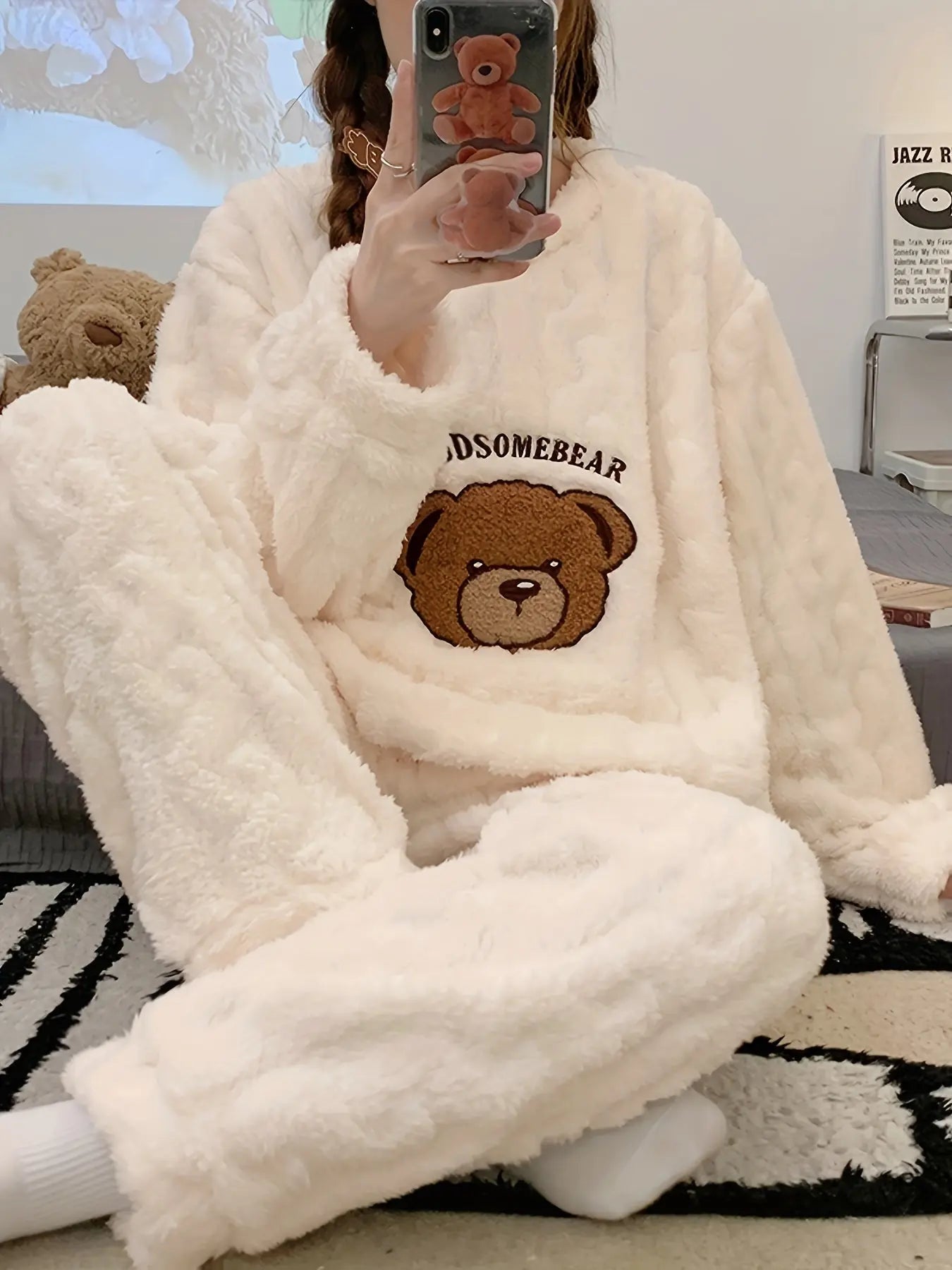 Fleece Pajama Set with Bear Embroidery for Women