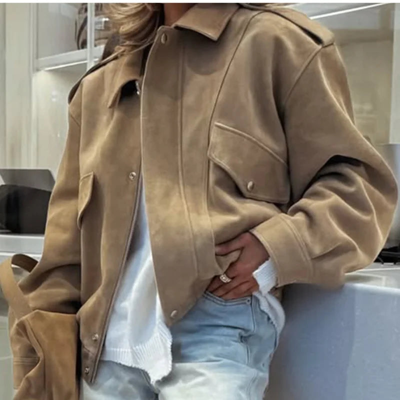 Fashion Loose Khaki Suede Jacket Lapel Zipper