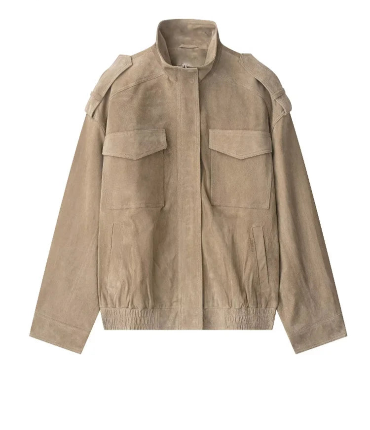 Fashion Loose Khaki Suede Jacket Lapel Zipper