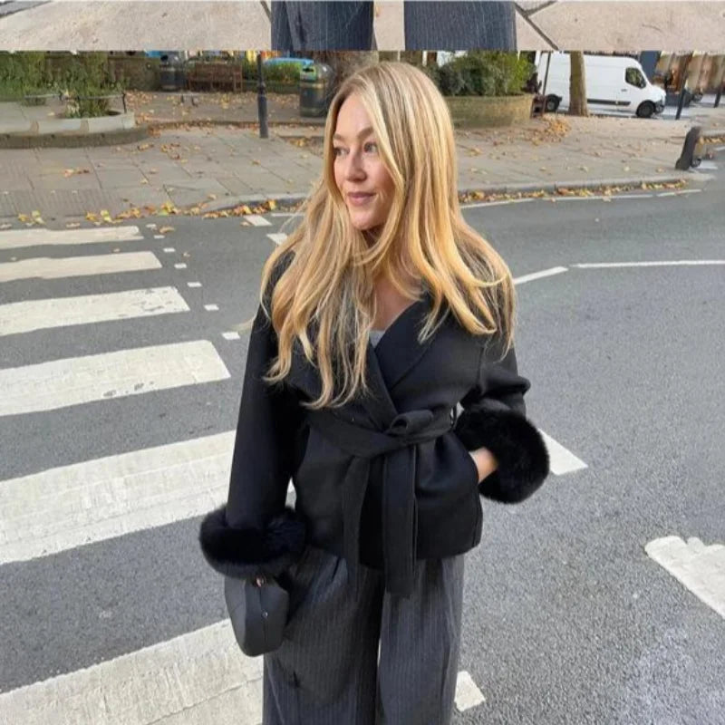 Women’s Wool Coat – Elegant Winter Jacket with Detachable Faux Fur Cuffs