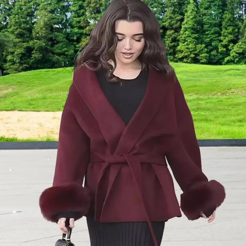 Women’s Wool Coat – Elegant Winter Jacket with Detachable Faux Fur Cuffs