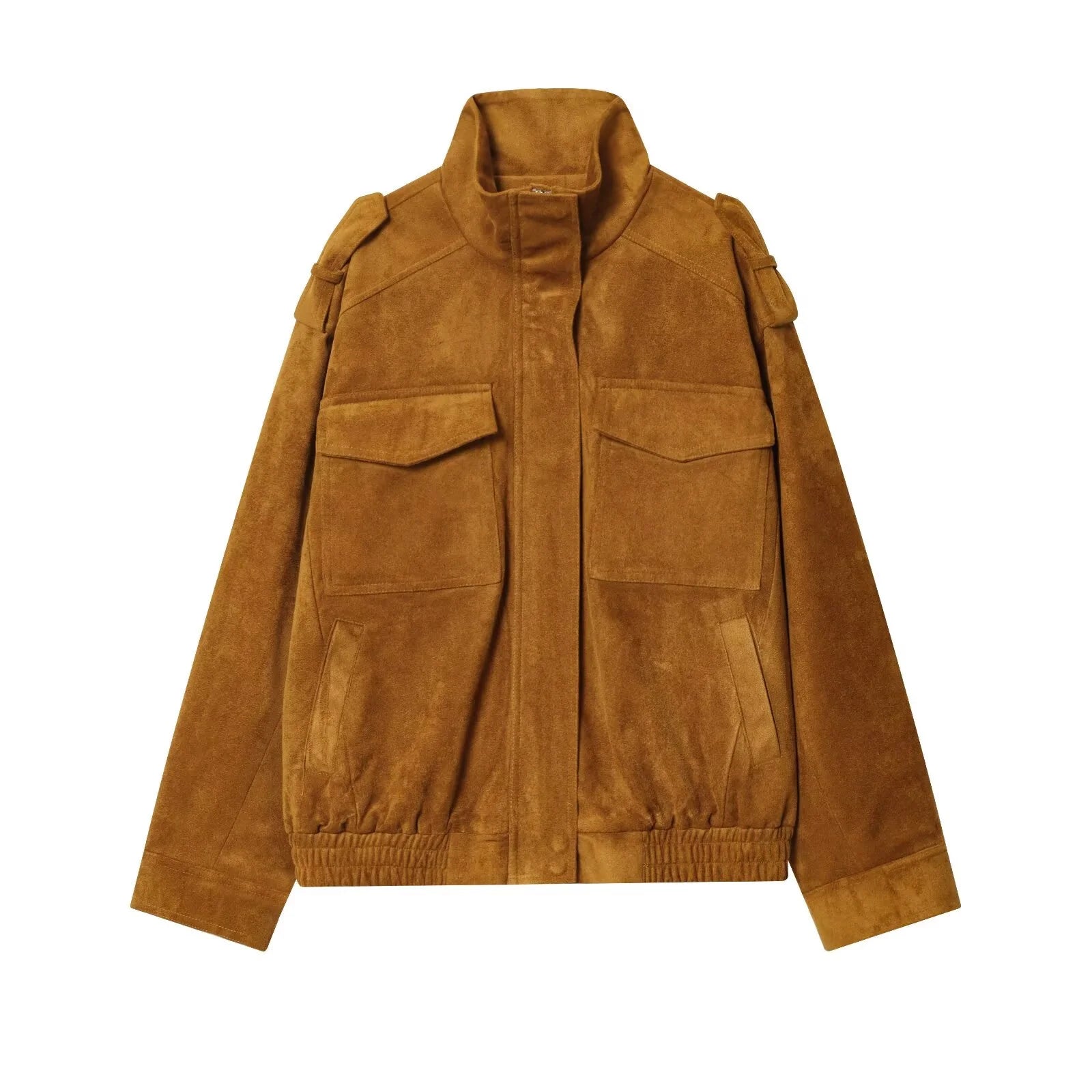 Fashion Loose Khaki Suede Jacket Lapel Zipper