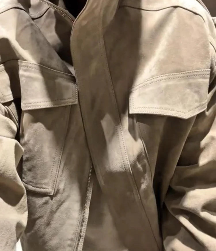 Fashion Loose Khaki Suede Jacket Lapel Zipper