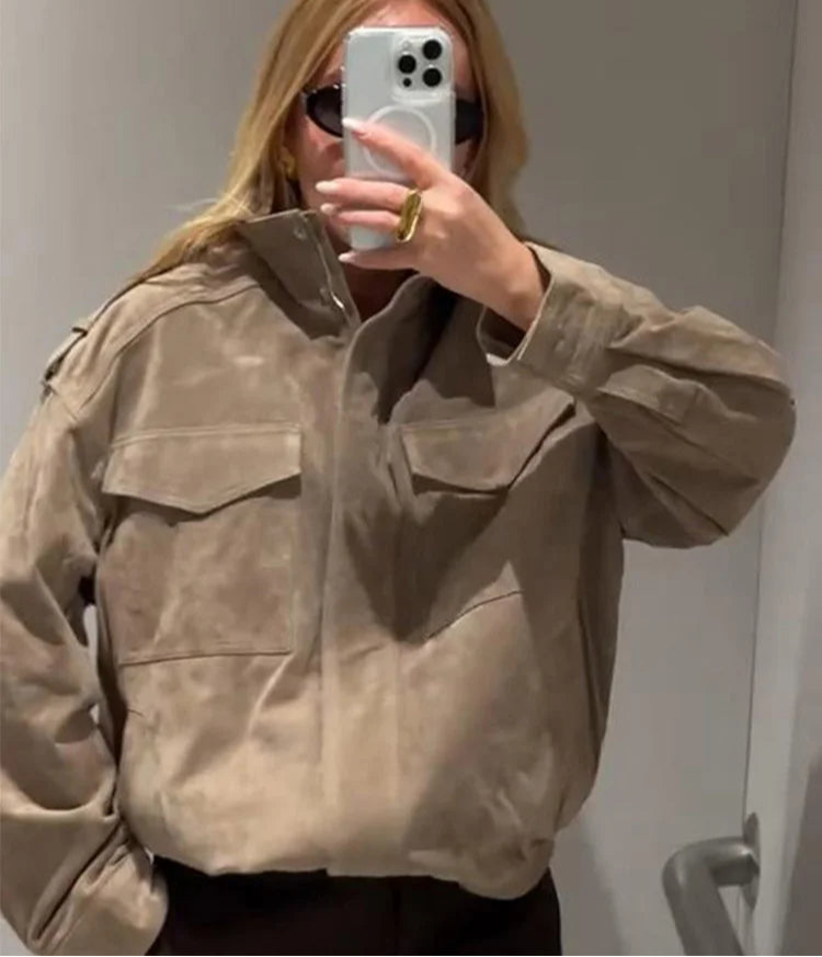 Fashion Loose Khaki Suede Jacket Lapel Zipper
