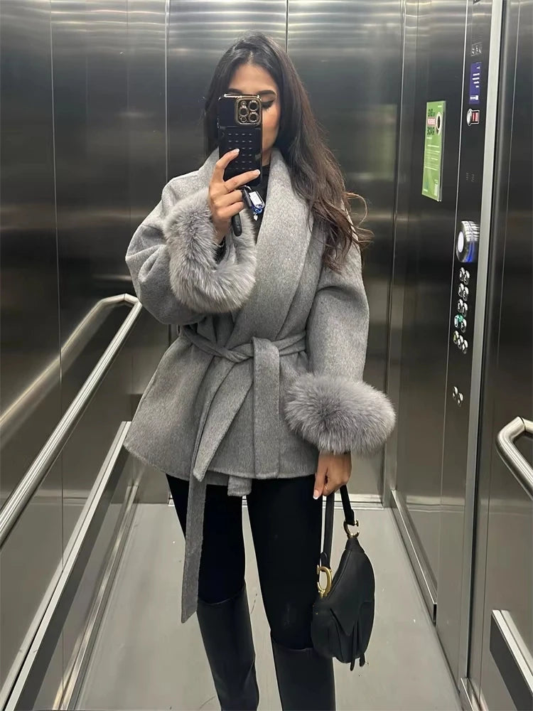 Women’s Wool Coat – Elegant Winter Jacket with Detachable Faux Fur Cuffs