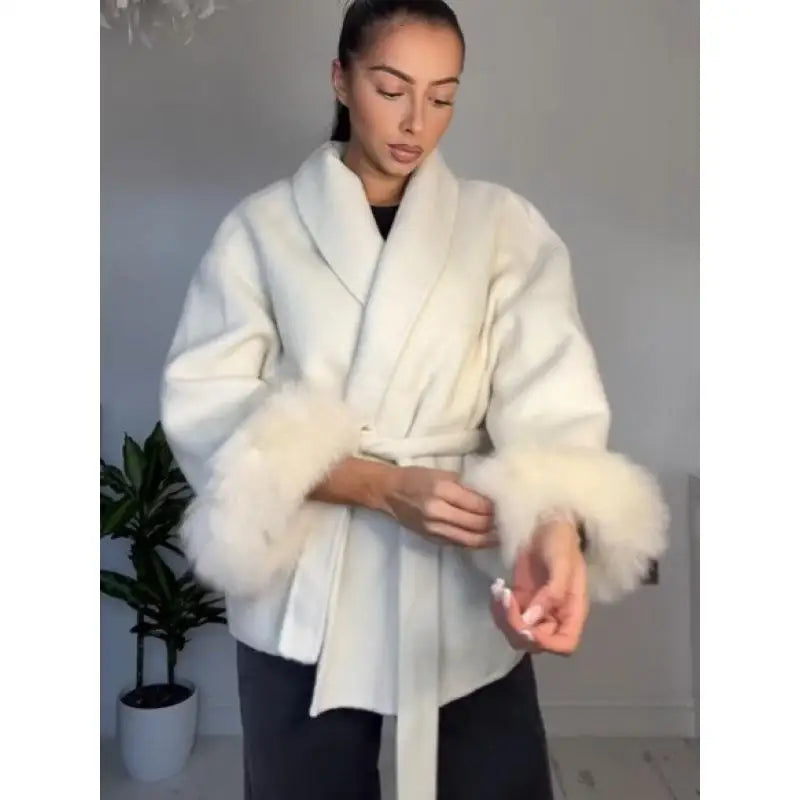 Women’s Wool Coat – Elegant Winter Jacket with Detachable Faux Fur Cuffs