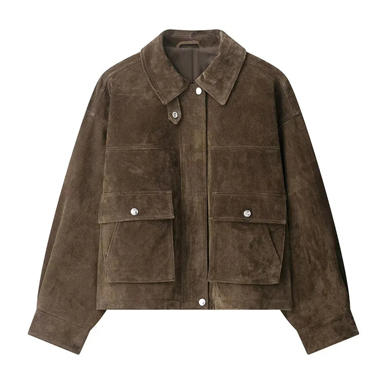 Fashion Loose Khaki Suede Jacket Lapel Zipper