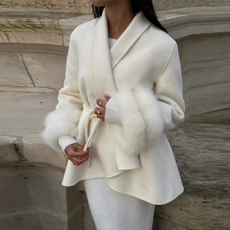 Women’s Wool Coat – Elegant Winter Jacket with Detachable Faux Fur Cuffs