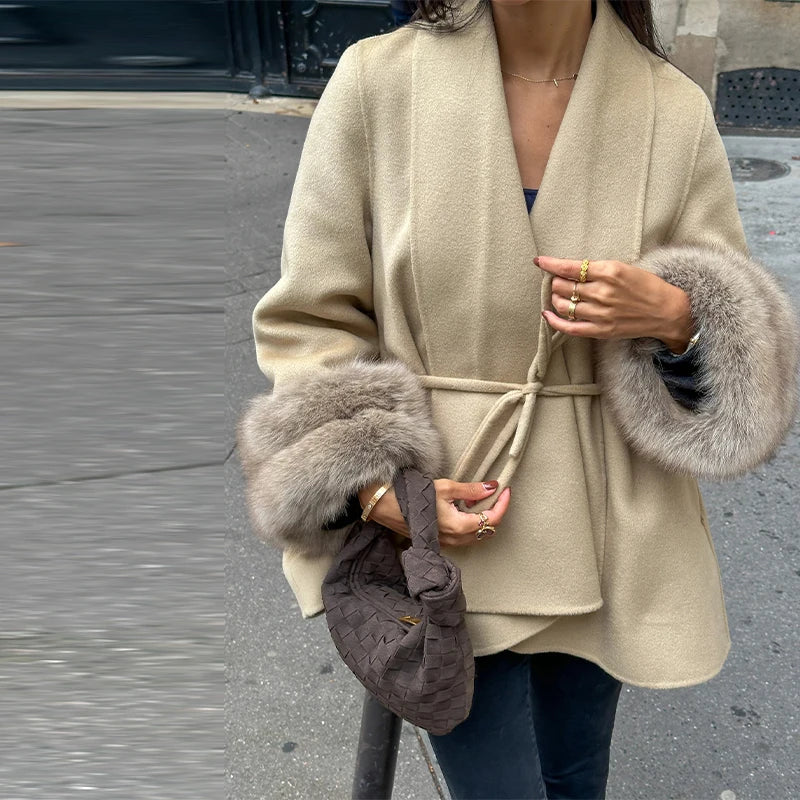 Women’s Wool Coat – Elegant Winter Jacket with Detachable Faux Fur Cuffs