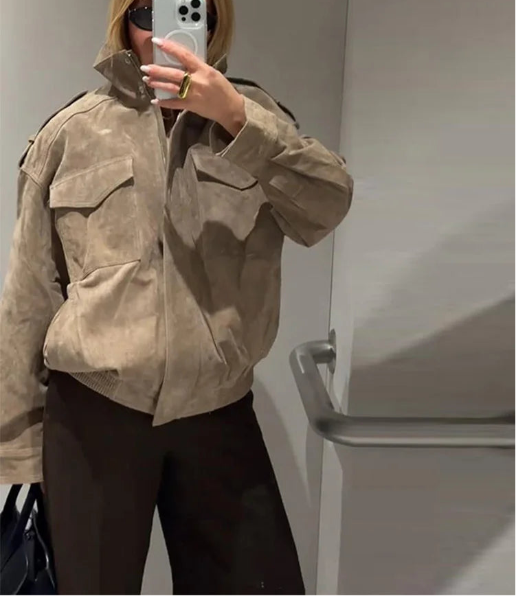 Fashion Loose Khaki Suede Jacket Lapel Zipper