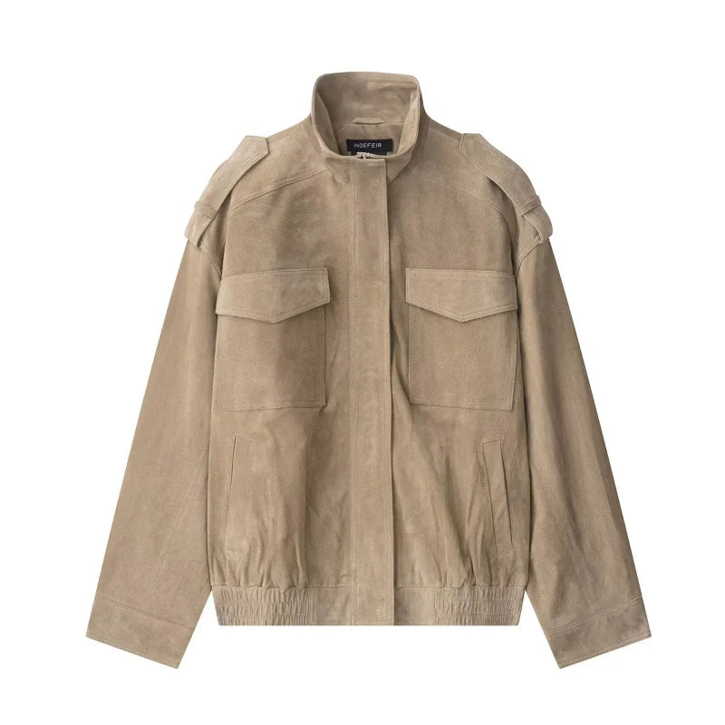 Fashion Loose Khaki Suede Jacket Lapel Zipper