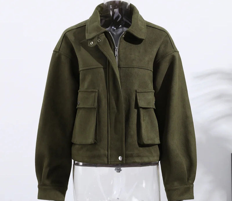 Fashion Loose Khaki Suede Jacket Lapel Zipper