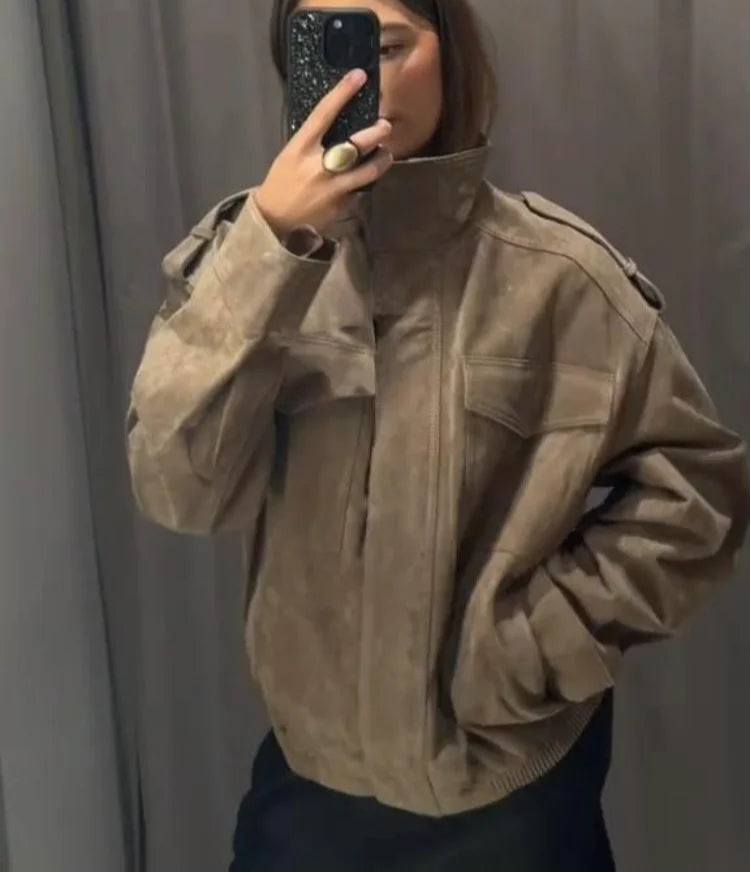 Fashion Loose Khaki Suede Jacket Lapel Zipper