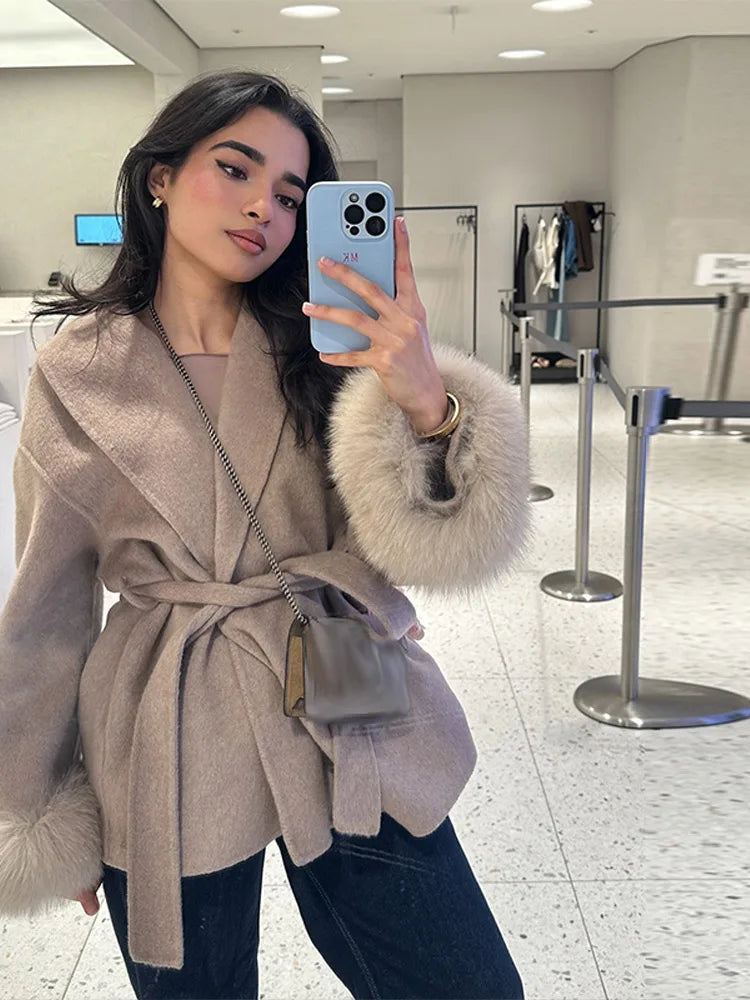 Women’s Wool Coat – Elegant Winter Jacket with Detachable Faux Fur Cuffs