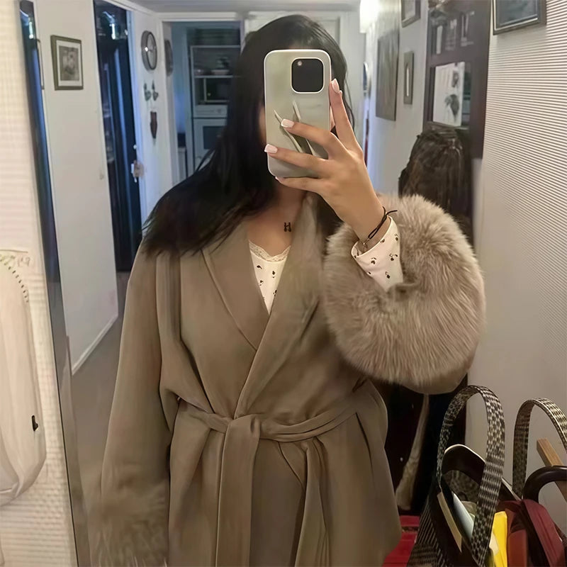 Women’s Wool Coat – Elegant Winter Jacket with Detachable Faux Fur Cuffs