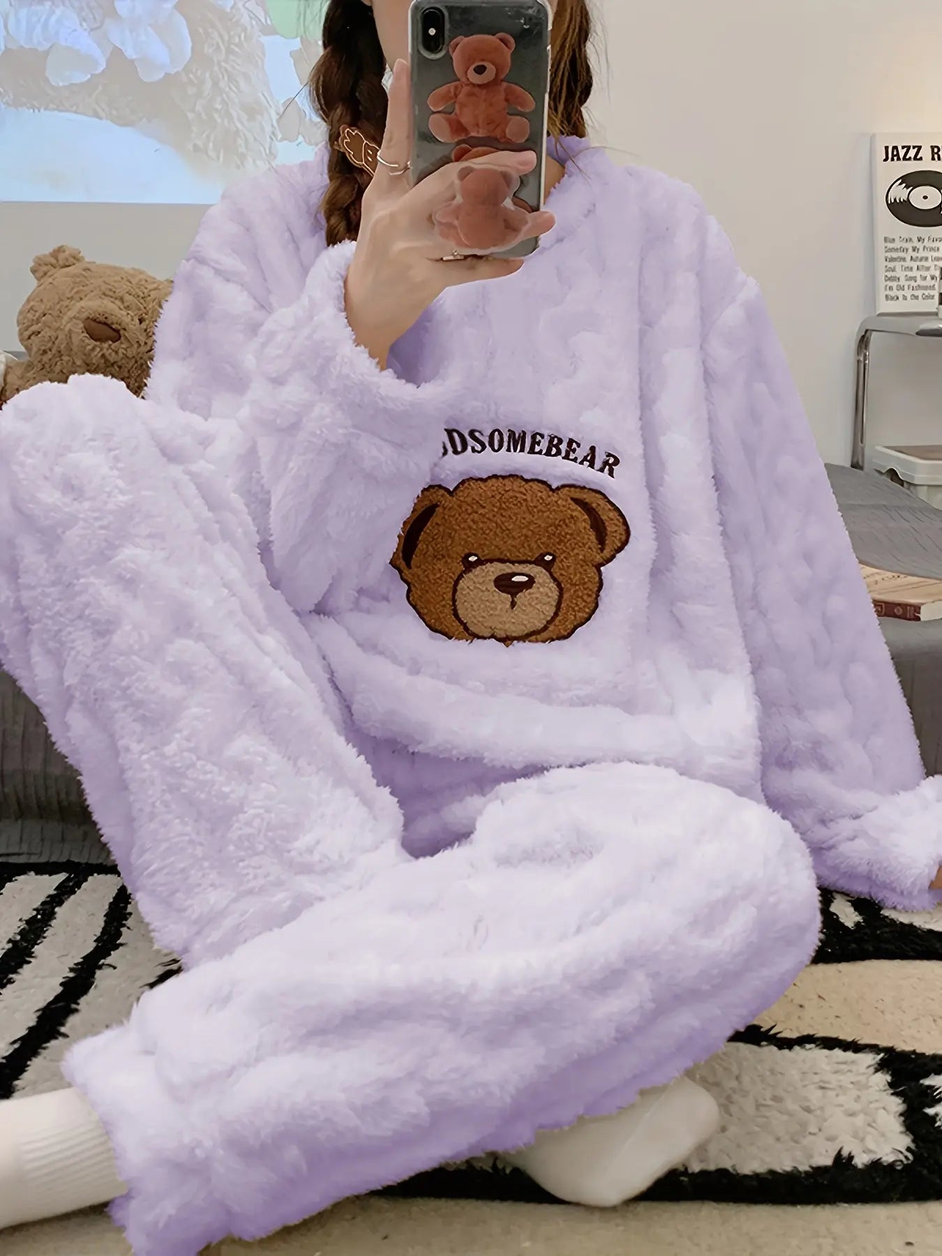 Fleece Pajama Set with Bear Embroidery for Women