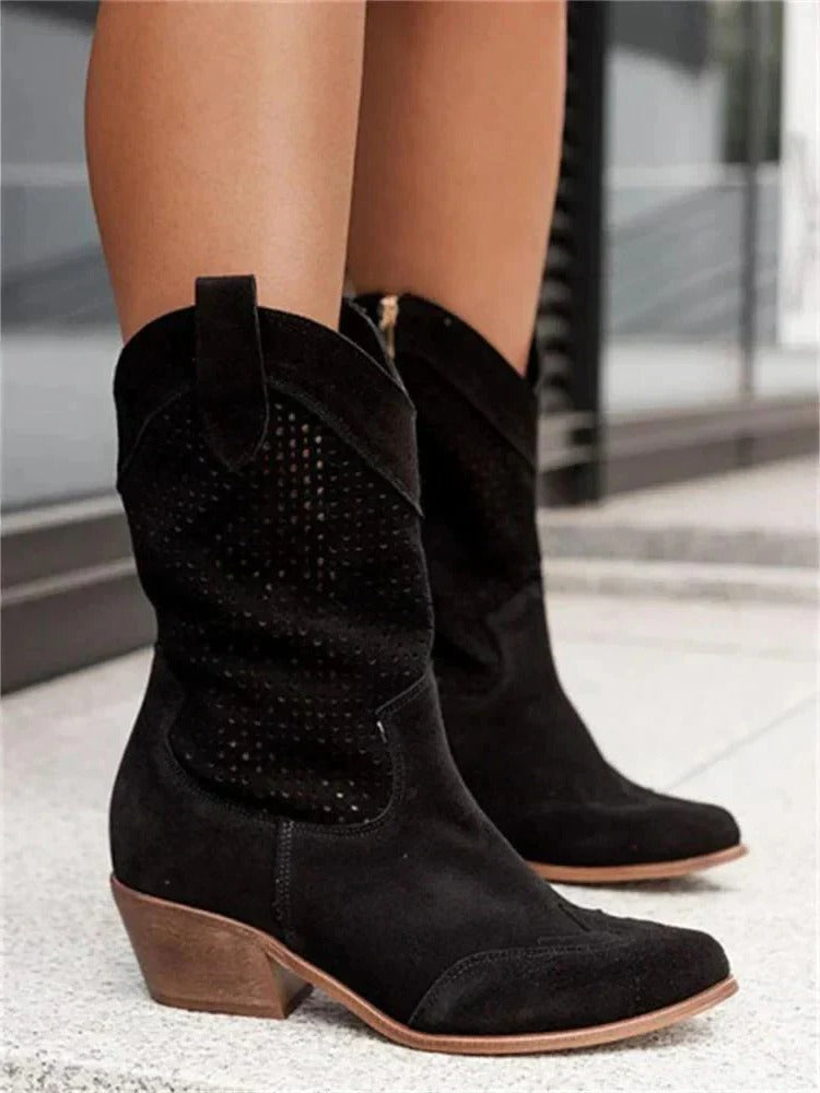 Women’s Cowboy Boots – Mid-Calf Faux Leather with Side Zipper & Chunky Heel
