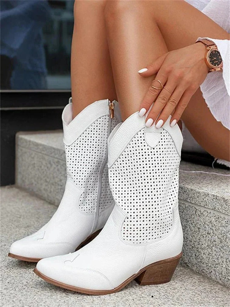 Women’s Cowboy Boots – Mid-Calf Faux Leather with Side Zipper & Chunky Heel