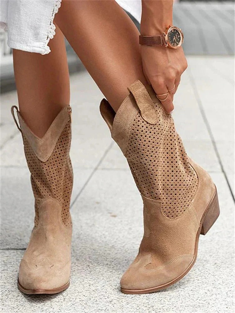 Women’s Cowboy Boots – Mid-Calf Faux Leather with Side Zipper & Chunky Heel