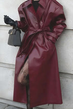 Women’s Luxe Wrap Coat – Faux Leather Belted Trench with Pockets & Sleek Design