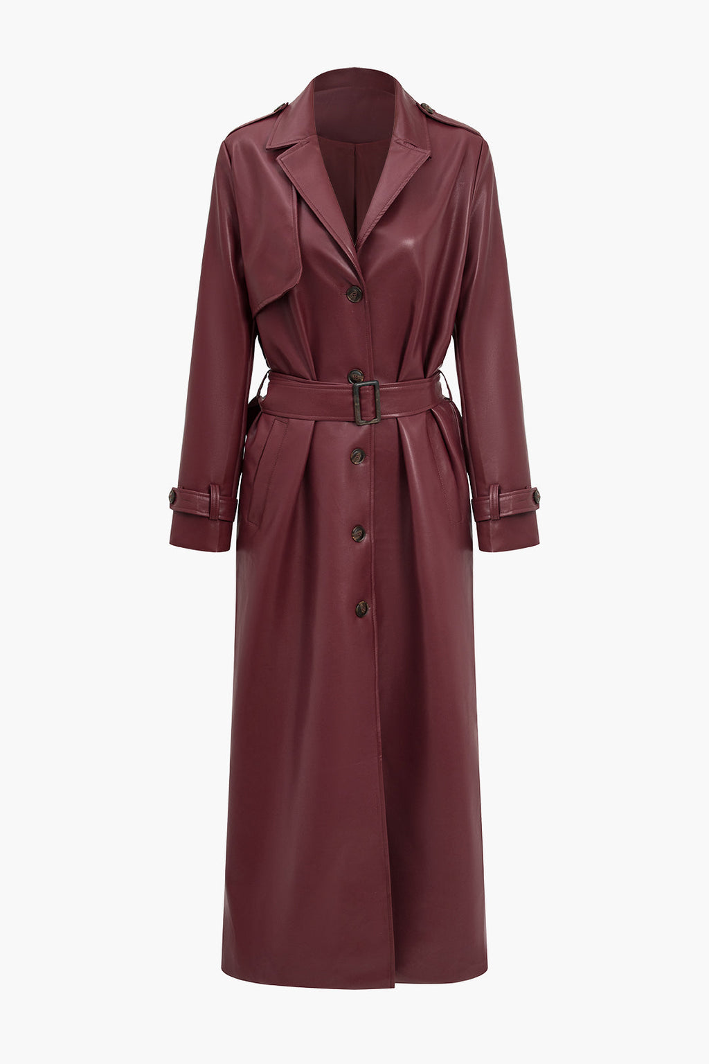 Women’s Luxe Wrap Coat – Faux Leather Belted Trench with Pockets & Sleek Design
