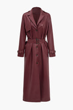 Women’s Luxe Wrap Coat – Faux Leather Belted Trench with Pockets & Sleek Design