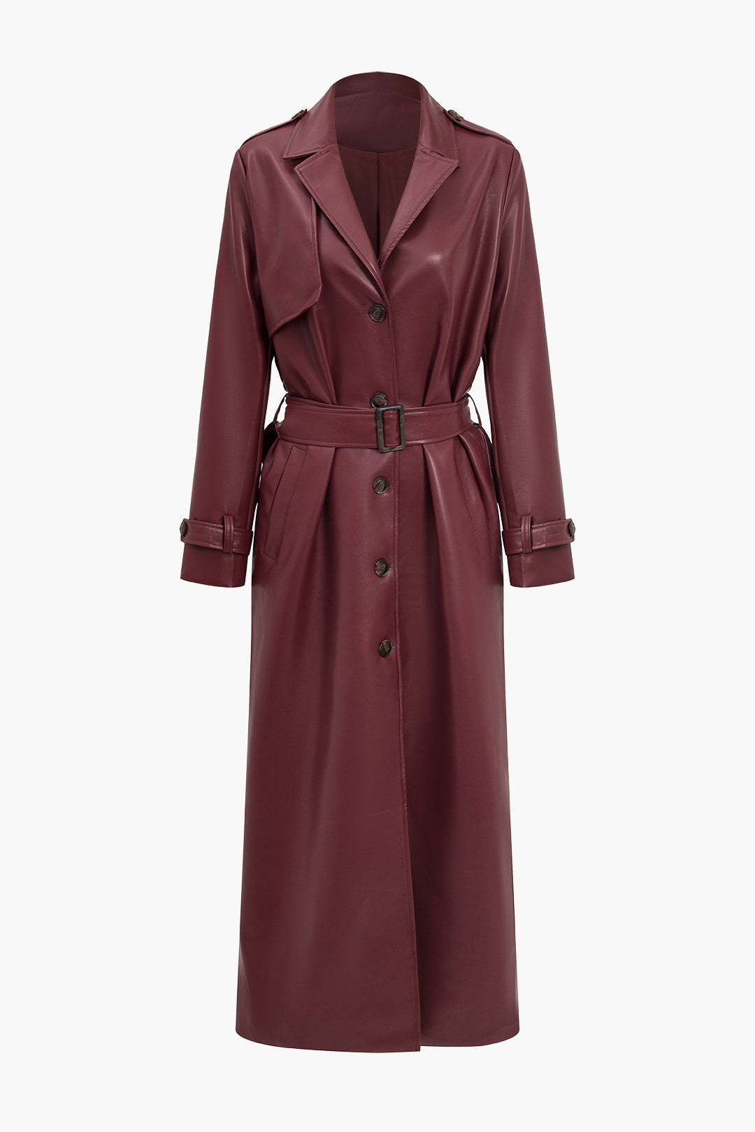 Women’s Luxe Wrap Coat – Faux Leather Belted Trench with Pockets & Sleek Design
