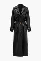 Women’s Luxe Wrap Coat – Faux Leather Belted Trench with Pockets & Sleek Design