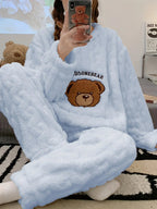 Fleece Pajama Set with Bear Embroidery for Women