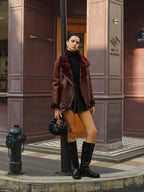 Women’s Faux Shearling Jacket – Winter Coat with Oversized Lapel & Buckles