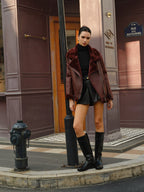 Women’s Faux Shearling Jacket – Winter Coat with Oversized Lapel & Buckles