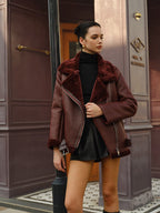 Women’s Faux Shearling Jacket – Winter Coat with Oversized Lapel & Buckles
