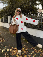 Oversized Knit Jumper with Heart Appliqués – Soft, Relaxed Fit Sweater for Women