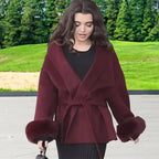 Women’s Wool Coat – Elegant Winter Jacket with Detachable Faux Fur Cuffs