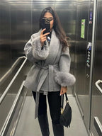 Women’s Wool Coat – Elegant Winter Jacket with Detachable Faux Fur Cuffs
