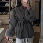 Women’s Wool Coat – Elegant Winter Jacket with Detachable Faux Fur Cuffs