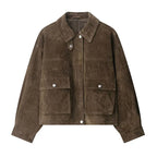 Fashion Loose Khaki Suede Jacket Lapel Zipper