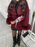 Women’s Wool Coat – Elegant Winter Jacket with Detachable Faux Fur Cuffs