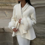Women’s Wool Coat – Elegant Winter Jacket with Detachable Faux Fur Cuffs