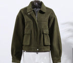 Fashion Loose Khaki Suede Jacket Lapel Zipper