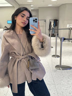 Women’s Wool Coat – Elegant Winter Jacket with Detachable Faux Fur Cuffs
