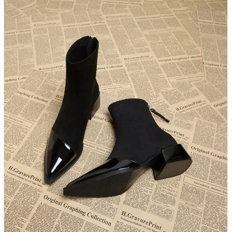 Women’s Suede Ankle Boots – Pointed Toe Block Heel Booties