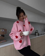 Oversized Knit Jumper with Heart Appliqués – Soft, Relaxed Fit Sweater for Women