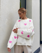 Oversized Knit Jumper with Heart Appliqués – Soft, Relaxed Fit Sweater for Women