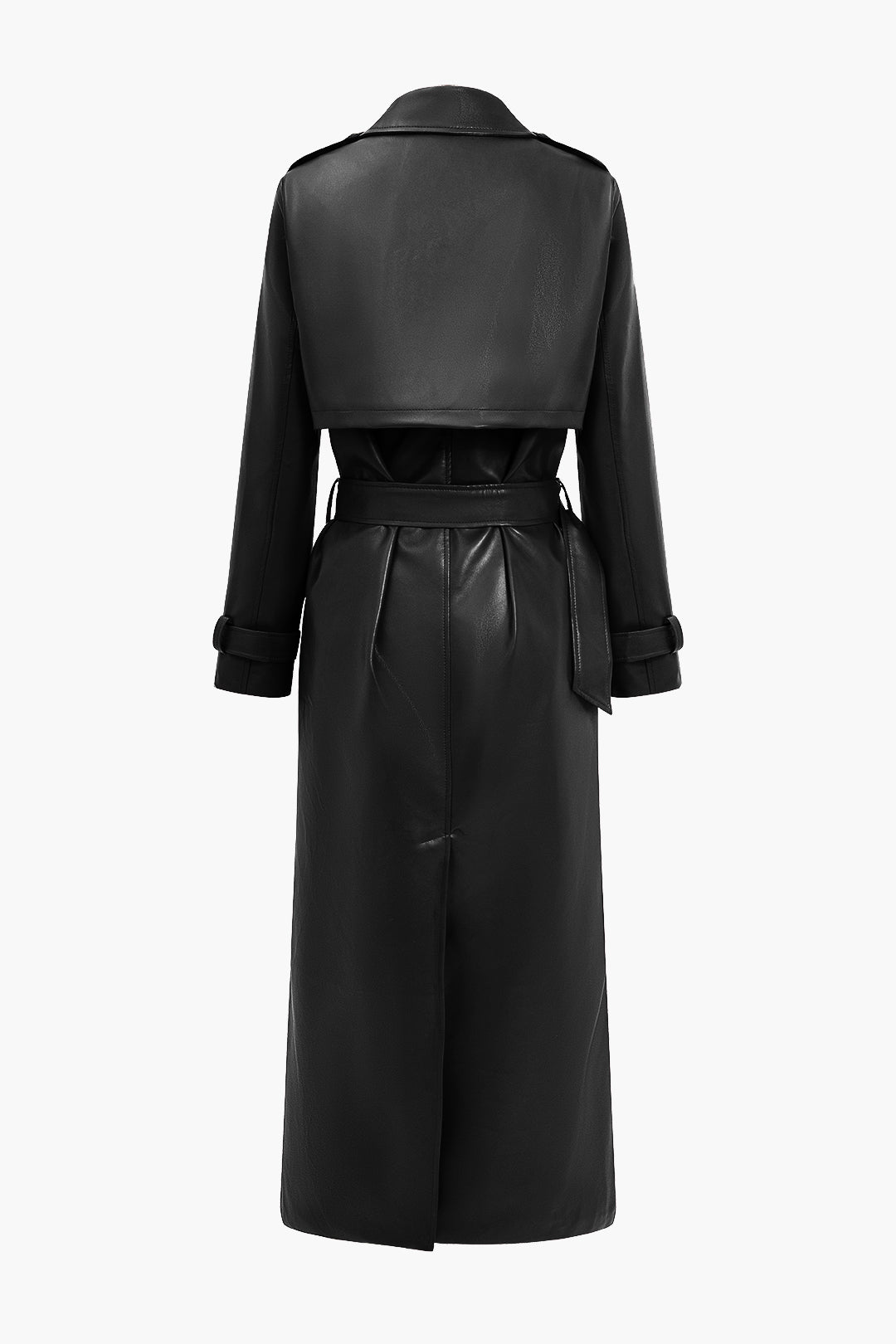 Women’s Luxe Wrap Coat – Faux Leather Belted Trench with Pockets & Sleek Design